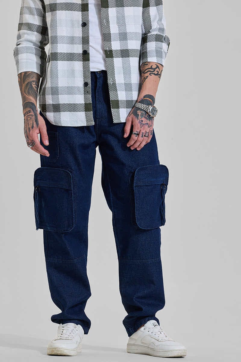 Navy Mid Rise Baggy cargo jeans