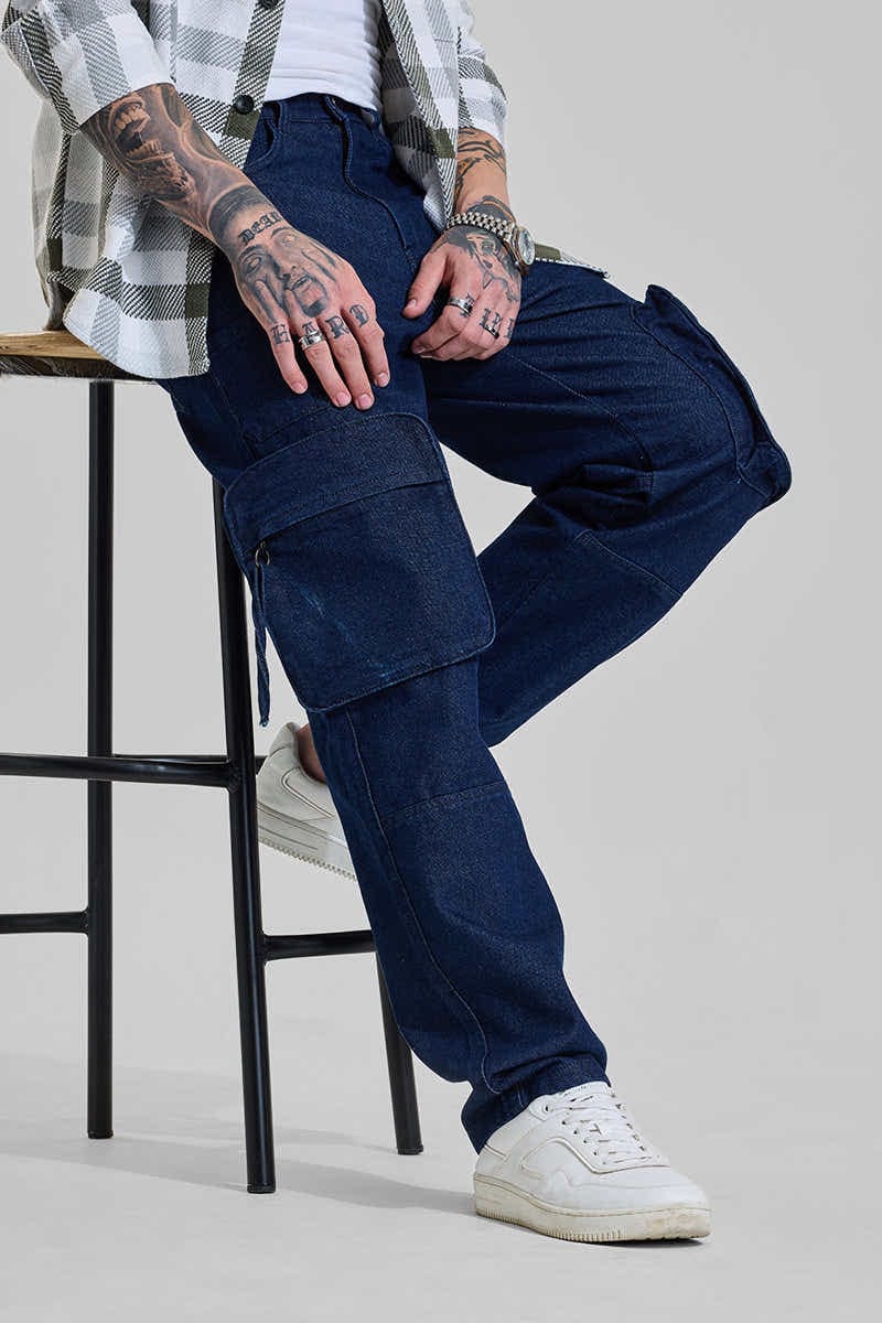 Navy Mid Rise Baggy cargo jeans